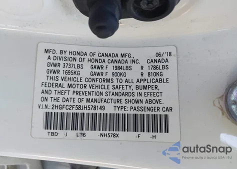 2018 Honda Civic Lx z USA, uszkodzony, nr VIN 2HGFC2F58JH578149